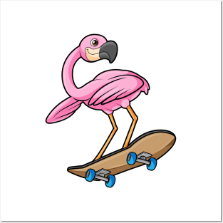 Flamingo as Skater with Skateboard Posters and Art